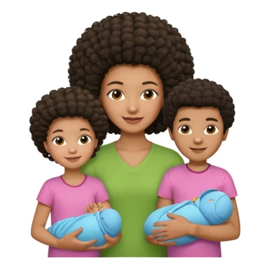 Family with a dark woman only with an afro hairstyle and a green shirt, two children: a boy with straight hair and a blue shirt, and a baby girl in a pink shirt. All are smiling. sticker