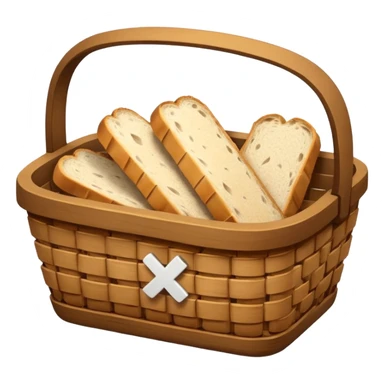 Create an emoji representing empty carbohydrate stores: depict a nearly empty bread basket with only a few crumbs left, overlaid by a fading low-battery symbol to signal depleted carb energy. sticker
