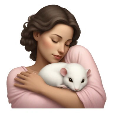 tan skinned white woman with dark brown hair peacefully sleeping and cradling a small delicate white rat with pink eyes in her hands resting it close to her chest. serene and dreamy atmosphere style is soft and realistic sticker
