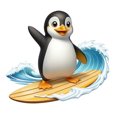 A cartoon penguin with yellow eyebrows surfing on a wooden board inside a wave. The penguin is smiling, wearing a seashell necklace, and has a playful, energetic expression. sticker