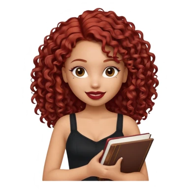 generate a pretty bratz girl curly dark red hair, brown lipstick on, smiling. Book in hand, wearing a black cami top. sticker