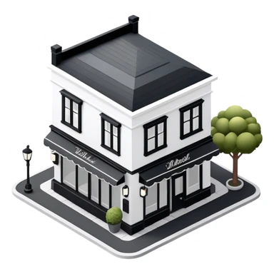 Isometric exterior little black and white upscale restaurant dollhouse style 3D realistic  sticker