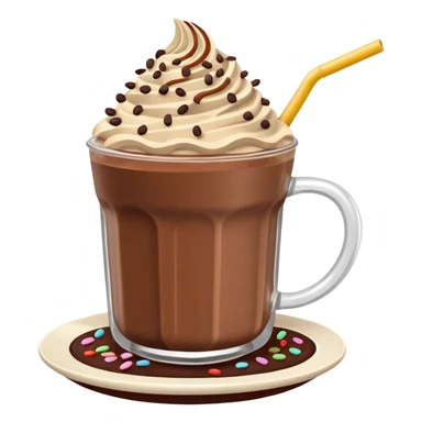 Chocolate mocha frappe latte chai latte drink dessert pudding with a straw and yummy chocolate sprinkles and a chocolate bar plate dipped into it with white cream sticker