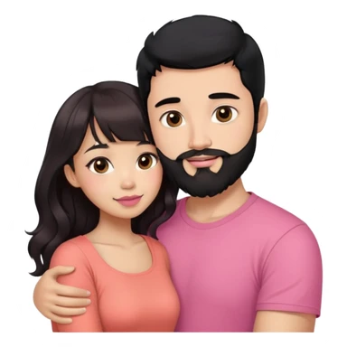 handsome light skin asian man with black hair and beard, hugging cute woman with light tan skin, big black eyes, long wavy reddish brown hair, bangs, pink top, coral lipstick sticker