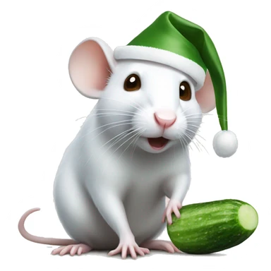 White rat with brown eyes eating a cucumber in a santa hat sticker