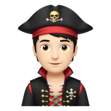 Captain Feathersword of The Wiggles with light skin, brown eyes, black hair, black pirate hat, white pirate shirt with red vest sticker