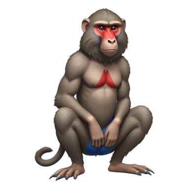 cinematic-baboon-realistic-full-body-sitting-emoji,-muscular-arms-resting-on-its-knees,-head-tilted-dramatically,-thick-grey-and-brown-fur,-bright-red-and-blue-muzzle-standing-out,-simplified-yet-realistic-focused-features,-highly-detailed,-glowing-with-an-almost-sarcastic-glow sticker