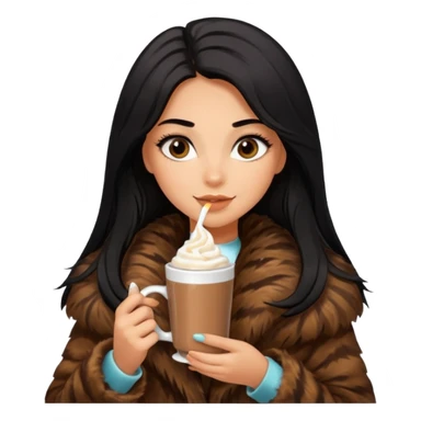 Tanned Girl with lashes , bright black long hair, in an extremely big fluffy brown fur mustang, and drinking hot chocolate drink sticker