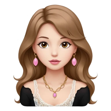 fair-skinned girl with dark brown, slim shaped eyes and long lashes. long, light brown hair styled in a voluminous, wavy blowout. wearing a delicate white lace tank top and a dainty gold necklace, plump pink lips. sticker