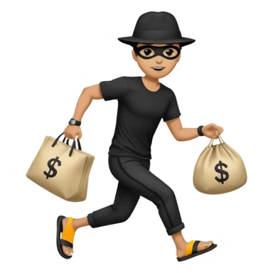 Make a man wear a black pant and he shirt is balck line and white line and wear a black hat and he holding a money bag and he running he wear a black eye thing no money in the Left hand and he yellow and the money bag in the right he wear a flip flop like this is Money bag 💰 NO MONEY sticker