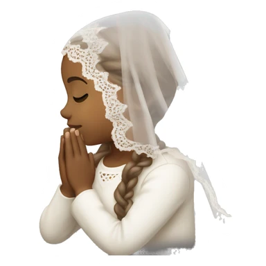 Light skin girl praying with eyes closed and lace white veil with brown boy sticker
