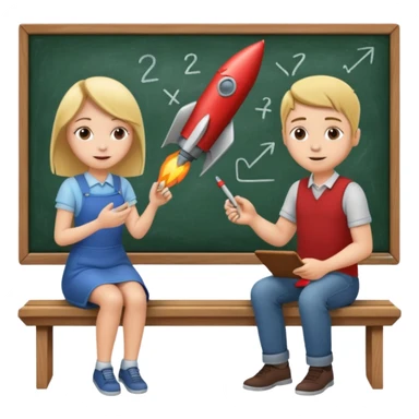 Girl is teaching a guy how to make rocket emojis. Girl at blackboard, guy on bench learning. sticker