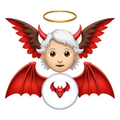 emoji split down the middle, one side angel with halo and white wing, other side devil with red horn and bat wing sticker