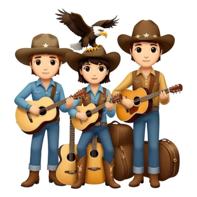 Icon for Country Music: A collage featuring Eagles as a band, Ricky Nelson, and Linda Ronstadt. Acoustic guitars, banjo, cowboy hats and a vintage Americana aesthetic evoke the spirit of classic country and country rock. Warm earthy tones. Transparent background. sticker