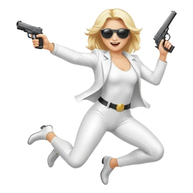 Mafia blondes woman Jumping for joy , in sunglasses, gun ,money , white costume  sticker