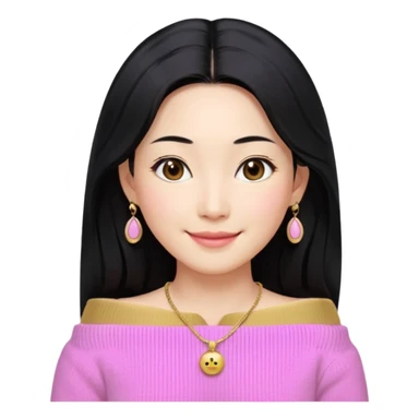 South Korean girl in her mid-thirties with long black hair and a middle part. She is wearing a baby pink, off the shoulder long sleeve knit sweater. She has small gold earrings and a gold necklace. She has brown eyes with narrow, mono lid shape and smiling with lips together sticker