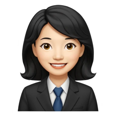 60 yr old asian woman, wavy thick black hair, side part, side swept bang, big smile, business suit sticker