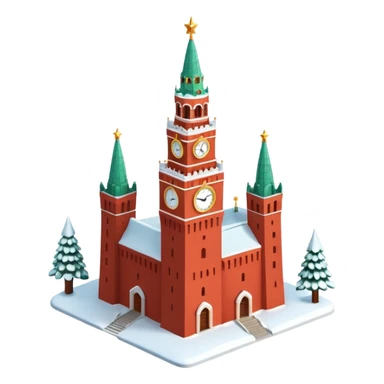 Apple iOS style emoji of the Moscow Kremlin Spasskaya Tower, winter
New Year edition. Red brick texture, snowy roof, golden clock face. Small festive garland with glowing lights wrapped around the tower. Bright red glowing star on top. 3D isometric  sticker