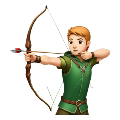 A skilled archer, resembling Robin Hood, drawing a bow and releasing an arrow towards a target. The scene captures the perfect moment of release, with the bowstring taut and the arrow flying toward the bullseye, set in a forest or archery range background. sticker