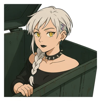 she is poking out from a garbage dumpster, a closeup portrait of young woman with gold yellow eyes, white hair, long braid, black off-shoulder top d-cup, punk gothic style, futuristic cyberwave cyberpunk, sticker