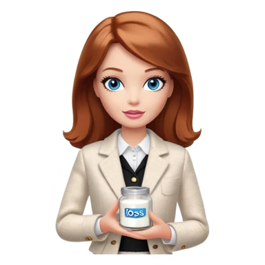 A Barbie girl with blue eyes, shoulder-length reddish-brown hair, made-up, in a white tweed jacket and black skirt, holding a jar of pale beige body cream sticker