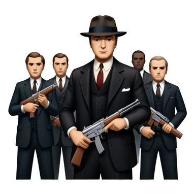 Vintage noir poster with Don Corleone surrounded by gangsters holding Thompson submachine guns. Dark and moody atmosphere with shadows, suits, and a mysterious vibe. Background features New York skyscrapers, adding to the gritty, classic gangster film feel. Transparent background. sticker