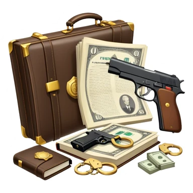 Icon for Action & Crime Reading: an open book with a silhouette of a gun, a bag of money, and a police badge on the pages. Surrounding elements include a pair of handcuffs, a briefcase, and scattered bullet casings. Transparent background. sticker