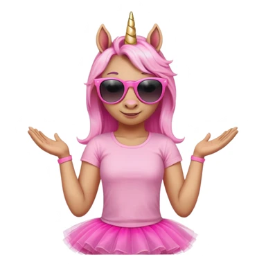 friendly anthropomorphised female unicorn with horse-like face, in tutu and pink t-shirt, wearing dark sunglasses, relaxed pose, close-crop head and shoulders sticker