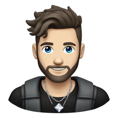 Younger white male that has grey blue eyes, dark brown hair with grey on the sides, a beard, and tattoos. He is wearing a diamond coated white gold necklace and a black punk band t-shirt while waving hello sticker