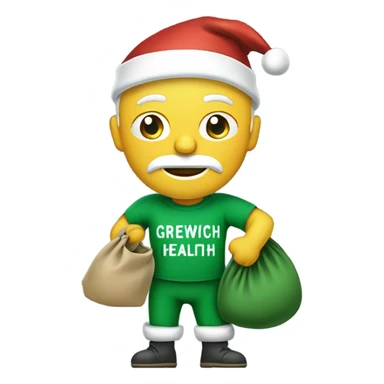 Santa carrying his sack wearing a green t-shirt with the words ‘Greenwich Health’ written in white letters  sticker