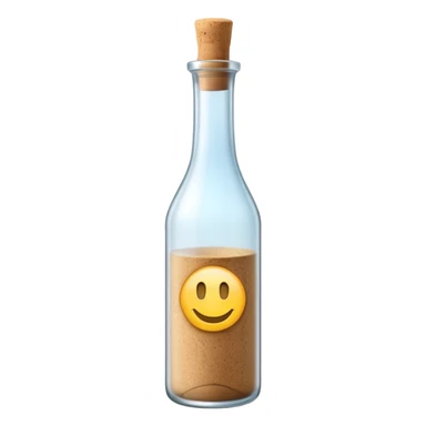 elegant tall glass bottle with long neck, simple cork or screw cap, frosted glass, transparent colorless liquid, no label or fruit, just the bottle, apple emoji style, soft lighting, transparent background, emoji scale sticker