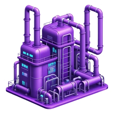 AI-powered factory. It should be a building with pipes. Add violet neon glowing symbolizing power of AI sticker