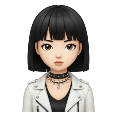 A asian girl with Black eyes and black straight hair with a bob and bangs with a black spiked chocker with white tank top with a leather jacket on sticker