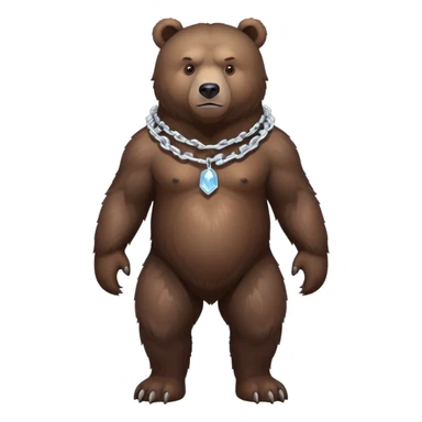 Very realistic dark brown bear standing on all four legs with intimidating gaze, wearing only a plain ice chain around its neck sticker