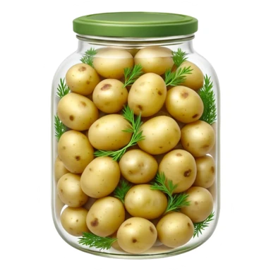 A round jar of small pickled potatoes with sprigs of dill floating inside.









 sticker