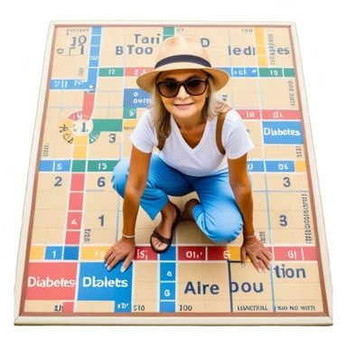 journey on a game board about Type 1 diabetes and aging with pretty footpaths in a countryside, no roads (hospital, places to live, advocacy, physical changes, to share knowledge and ways of coping, energetic with text: T1D to 100 and subtext Aging with Type 1 diabetes, easy for seniors to see sticker