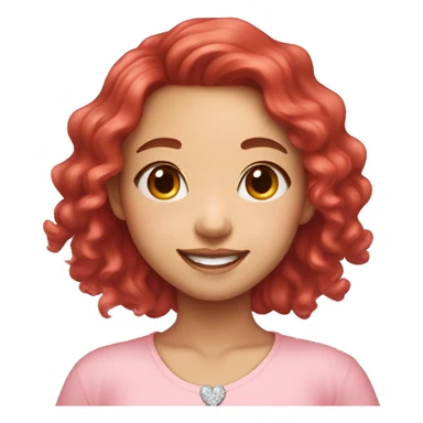Asian girl, bright smile, red long hair and a little bit curly, pretty bright skin, wearing diamond bud earrings, a heart shape necklace and pink pastel shirt  sticker
