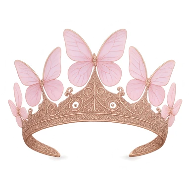 Edit the butterfly crown to use pink metal, intricate filigree, and translucent pastel pink butterfly wings. Keep the background transparent. sticker