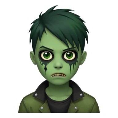 emo zombie black punk hair green skin middle part with cuts on face and closed mouth sticker