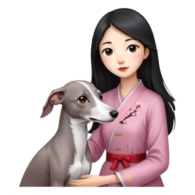 A young Chinese girl with long black hair and a pure grey Italian Greyhound with no white markings sitting under a cherry blossom tree sticker