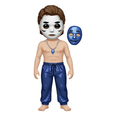 Michael Myers with white mask with brown hair, indigo sequin baggy pants, shirtless with necklace sticker