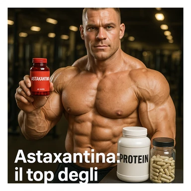 hyper realistic bodybuilder showing red bottle of astaxanthin next to supplements, defined muscles, text 'Astaxantina: il top degli antiossidanti', gym environment, motivational atmosphere sticker