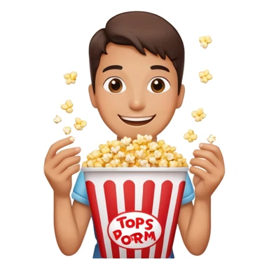 Person watching a movie with a happy face, holding popcorn bucket, cinema lights reflected on face sticker