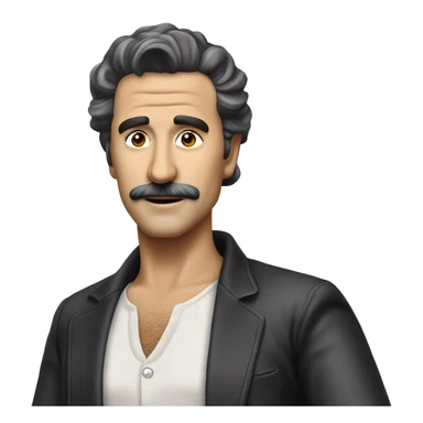Create an emoji representing Zeki MÜREN, the legendary Turkish singer and artist. Incorporate elements like his iconic hairstyle, stylish clothing, a microphoe, and a stage background. His expressive eyes, glamorous appearance, and a warm sticker