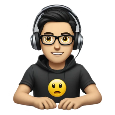 white boy with dark hair and glasses wearing gaming headset and sitting at desk on desktop computer   sticker