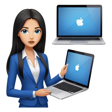 Model glamours tanned beautiful girl with pump nude lips and black straight long hair, straight hair parting, blue eyes with MacBook and V-neck suit vest,  - only one person sticker
