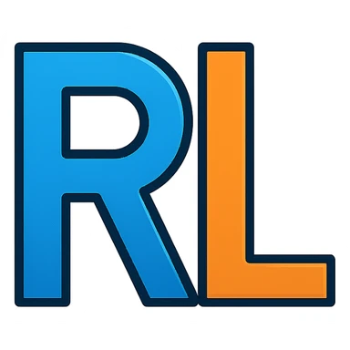minimalist 'RL' logo with bold geometric sans-serif letters, clean sharp lines, metallic or gradient effect, transparent plain background, modern innovative strong, suitable for tech brand sticker
