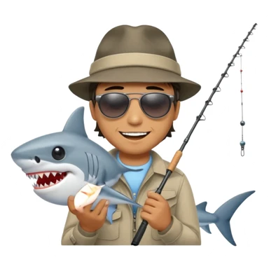 man with a fishing rod and a shark at the end sticker