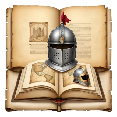 Icon for Historical Fiction Reading: an open book with pages showing ancient scrolls, a quill, a large knight's helmet, bowl and a parchment map. The icon should evoke the adventure and grandeur of historical settings and storytelling. Transparent background. sticker