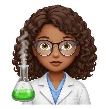 bratz doll with long loose curly dark brown hair, glasses that are round cat eye vibes, in a lab coat mixing beakers that glow shes a 4th grade girl sticker